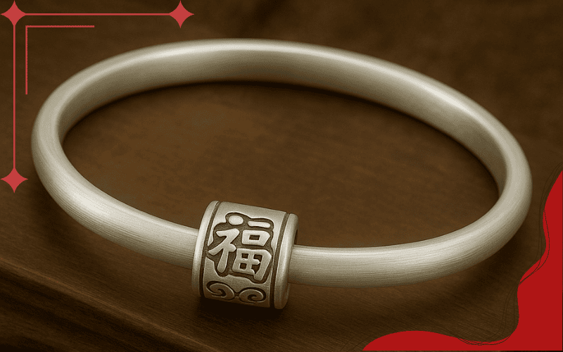 Vòng bạc nam có charm phong thủy khắc chữ Hán