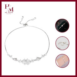 Vòng tay bạc nữ cỏ bốn lá đá trắng lấp lánh dây rút bạc 925 cao cấp